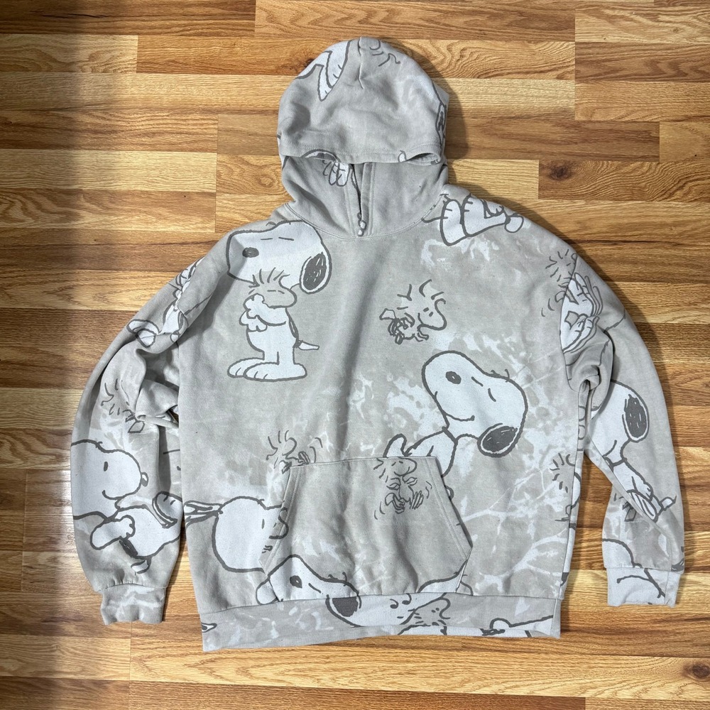 Peanuts Snoopy Woodstock All Over Print Hoodie Grey Acid Wash XL Pullover